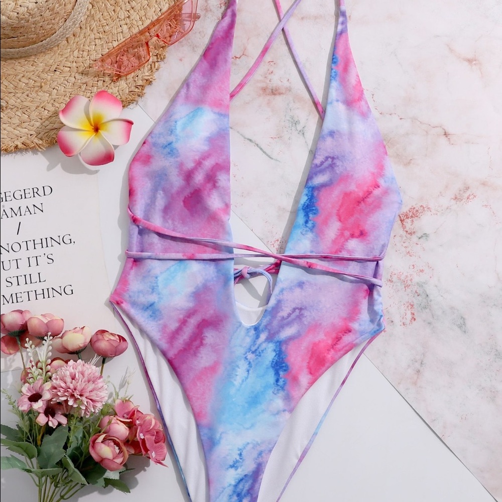 Shein tie dye plunging one piece swimsuit
